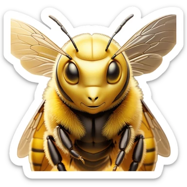 Cinematic Noble Bee Portrait Emoji, Poised and industrious, with a compact, fuzzy body in golden-yellow hues, delicate translucent wings, and a focused, determined expression with sparkling eyes, Simplified yet sharp and sophisticated features, highly detailed, glowing with a soft, sunny radiance, high shine, intelligent and diligent, stylized with an air of natural elegance, focused and alert, soft glowing outline, capturing the essence of a watchful bee that appears ready to buzz out of the screen with effortless authority! sticker