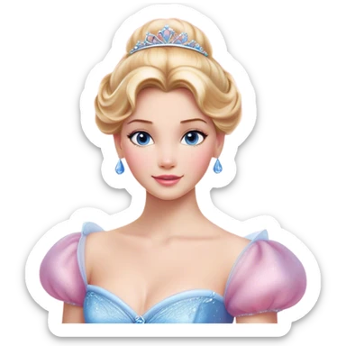 Cinematic Realistic Cinderella Portrait, depicted with lifelike skin texture, subtle rosy undertones, and soft natural lighting that enhances the gentle contours of her face. Her intricately detailed golden blonde hair is elegantly styled in an updo, with delicate wisps framing her face for added realism. Her deep, expressive blue eyes radiate warmth and sincerity, reflecting a quiet resilience and grace. She is dressed in her iconic ball gown, the fabric shimmering with intricate embroidery and fine translucent layers that catch the light beautifully. The soft sheen of satin gloves and the delicate sparkle of a glass-like slipper peeking from beneath her dress add a touch of magical realism. The portrait features an enchanting glow with a natural, luminous finish, seamlessly blending realism and fairytale charm to evoke a sense of depth, elegance, and timeless beauty. sticker