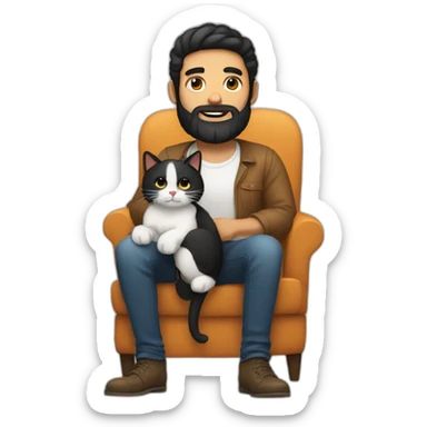 man with beard and black hair with cat on lap sticker