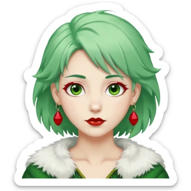 white furred unicorn with green hair and big red earrings looking into camera sticker