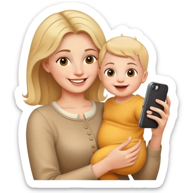 happy mother holding phone taking selfie with smiling baby sticker