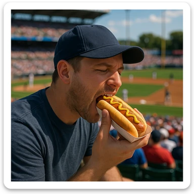 man eating a hot dog at a baseball game sticker