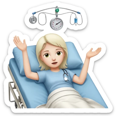 person lying in hospital bed with their eyes open holding up their left hand sticker