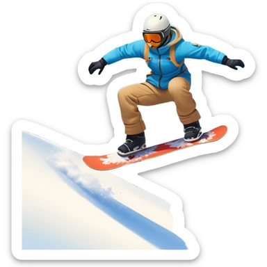 An icon featuring a snowboarder mid-jump, performing a stylish trick above a snowy mountain slope. The background showcases powdery snow, evergreen trees, and a bright blue sky. Transparent background captures the energy, skill, and thrill of snowboarding. sticker