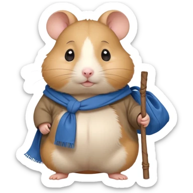 Cute fat cartoon-style hamster, standing upright like a traveler, carrying a stick with a tied blue cloth bundle (bindle) over its shoulder. Painted in a soft, hand-drawn style with light shading, expressive big eyes, and a slightly whimsical, melancholy expression. sticker