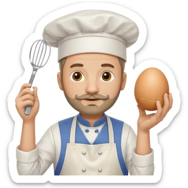 Middle aged male pastry chef - with a small beard, apron, white hat, holding an egg beater in one hand and naturally drooping in the other hand sticker
