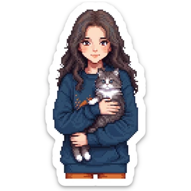 Brunette girl with dark blue sweatshirt lovingly holding a grey Siberian cat, detailed pixel art sticker