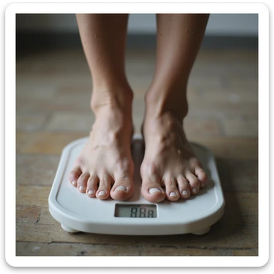 close-up hyperrealistic 4K image of a scale with numbers slowly rising, adult person's feet on it sticker