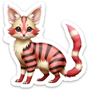 sanguine-red-streaked realistic divine beautiful elegant pretty precious cute young youthful  Fakémon-Pokémon-alien-opossum-feline-serval-caracal-chinchilla-Minccino-hybrid-creature with a big fluffy bushy striped tail (full body) sticker