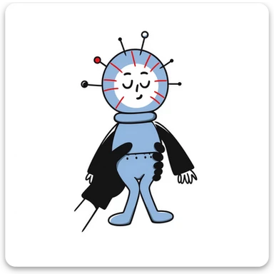 A hand-drawn voodoo doll with Carolina blue fabric and red thread stitches, looking slightly creepy with pins sticker