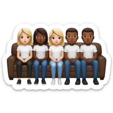 A white girl sitting alone on a couch with 5 black men in white shirts behind the couch. Recreate the popular meme  sticker