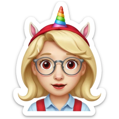 unicorn face cute wearing cute red hat, horn piercing through the hat looking in the camera, blond hair and spectacled. with big horn sticker