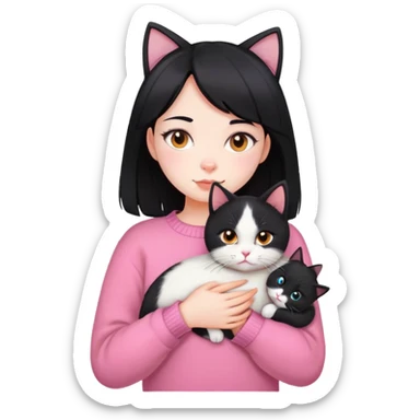 girl with black hair holding a tri-colored cat (black, orange, white) wearing a pink sweater sticker
