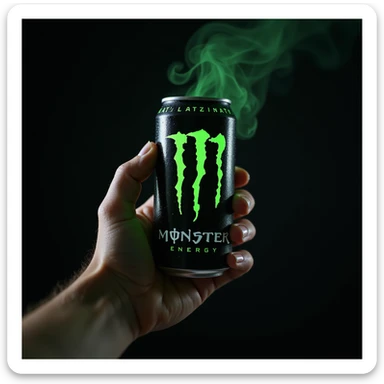 photorealistic monster energy drink can in hand with dynamic lighting and neon green logo, on a dark background sticker