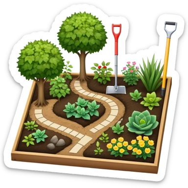 Icon for Landscape Design: a garden layout with plants, trees, paths, and design tools like a spade, pencil and measuring tape. The icon should represent creativity in outdoor space planning and gardening. Transparent background. sticker