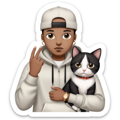 rapper with stylish clothes holding a cute black and white cat sticker