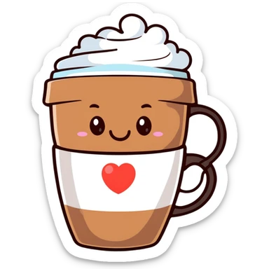 smiling hot coffee cup with heart-shaped steam, different cup design, mocha brown tones, kawaii soft hand-drawn sticker