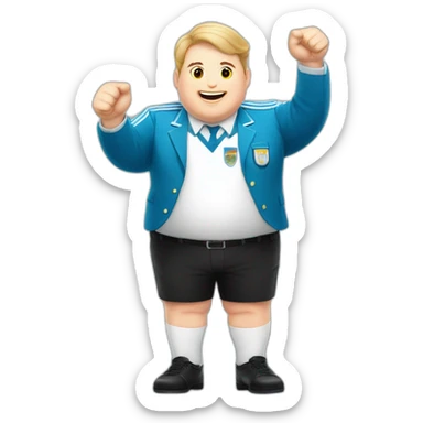 Short hair, obese white man play jumping hand up. argentina uniform. Thumbs up  sticker