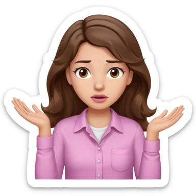 girl with wavy long brown hair, brown eyes, light to medium complexion, long lashes, light pink lipstick, wearing light pink shirt, shrugging with both hands, confused sticker
