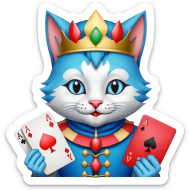 crazy colorful cute little cat jolly joker from poker, medieval, vintage, court jester, mac os icon, blue color, holds poker cards sticker
