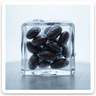 Make this image photorealistic, with black beans inside a clear ice cube. Add visible frost and condensation on the surface. Keep the background transparent. sticker