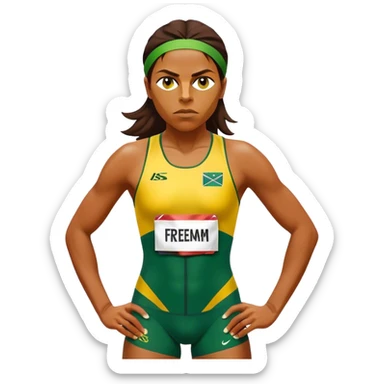 Cinematic Realistic portrait of Cathy Freeman, shown as an iconic Australian sprinter with a focused, determined expression and modern athletic yellow and green attire accented with subtle native motifs, rendered in dynamic, vibrant lighting sticker