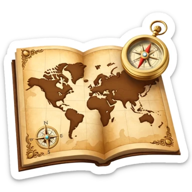 3D Brown golden map with Travel compass pointing to adventure sticker