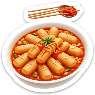 Cinematic Realistic Tteokbokki Dish Emoji, showcasing spicy, chewy rice cakes in a fiery sauce rendered with lifelike detail and bold, dynamic lighting. sticker