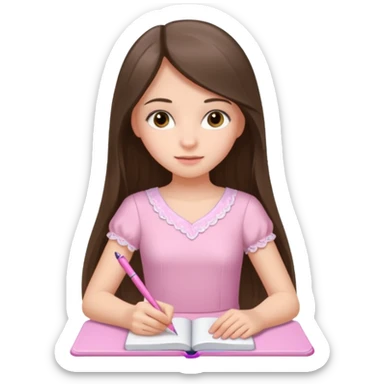 pretty white brunette teen long hair with hazel eyes in a light pink dress writing in a notebook with a pink pen sticker