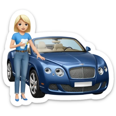 A heavy set middle aged blond lady in blue jeans washing a black Bentley car. show the full car and the lady next to it. show the face smaller and the person standing beside it...use the  sticker