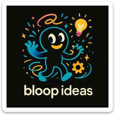 abstract mascot character for a black website, playful and energetic, visual cues of thinking and creativity in motion, bright lively colors, imaginative style, creative tech portfolio, includes tagline 'bloop ideas' sticker