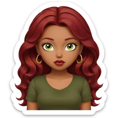 a pretty fair bratz girl with wavy dark red hair, wearing a black tee. eyeliner on, olive green eyes. Till stomach sticker