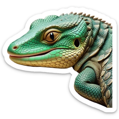 Meme-Worthy cute Sleeping Monitor Lizard Portrait Emoji, Head resting peacefully with a contented smile, showcasing intricately patterned scales and eyes gently closed in serene slumber, Simplified yet comically adorable features, highly detailed, glowing with a soft, drowsy earthy light, high shine, relaxed and utterly lovable, stylized with an air of playful laziness, bright and heartwarming, soft glowing outline, capturing the essence of a sleeping reptilian guardian that feels destined to become the next viral icon of adorable rest! sticker