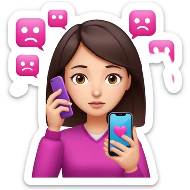 Social media manager. She has dark brown hair, brown eyes, overwhelmed expression, tired eyes, slightly stressed face,a holding a smartphone with notifications piling up. Use vibrant colors with a focus on pink and fuchsia tone sticker