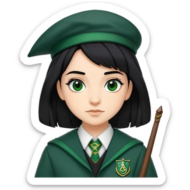 Pansy Parkinson in harry potter, wear hogwarts slytherin uniform, black hair, not wearing hat sticker