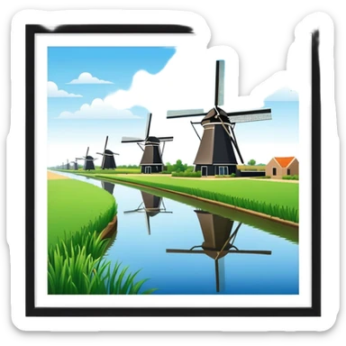 cinematic-realistic-kinderdijk-windmills-landmark-emoji,-showcasing-traditional-dutch-windmills-aligned-along-a-tranquil-canal,-with-lush-green-fields in a picture frame sticker