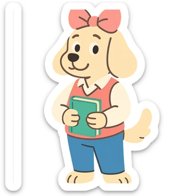 preppy dog with a pink head piece bow, standing with a book, pastel toon style sticker