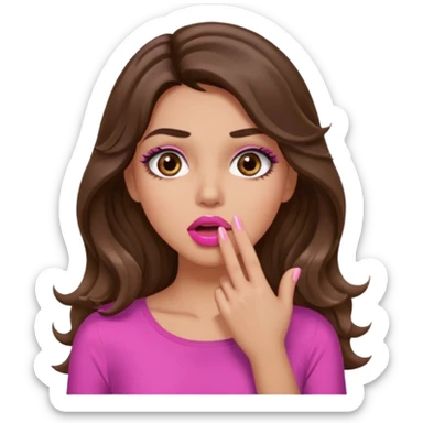 girl with long wavy brown hair, brown eyes, long lashes makeup, sexy pink lips, light to medium complexion, pink sexy top, shocked, hand covering mouth sticker