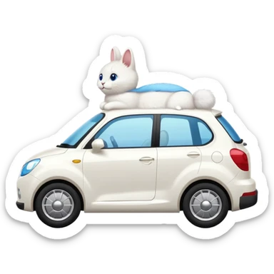 Please create a small emoji the size of 🚗 featuring a pure white cat with bunny tail with blue eyes on a white saloon car viewed from side. Again it is necessary that the emoji must be extremely small, much smaller than a standard sized sticker. sticker
