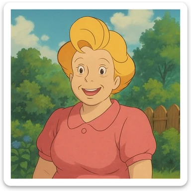 Bunny Bravo from Johnny Bravo, Johnny's mom, cheerful woman with blonde hair, pink dress, in Ghibli art style sticker