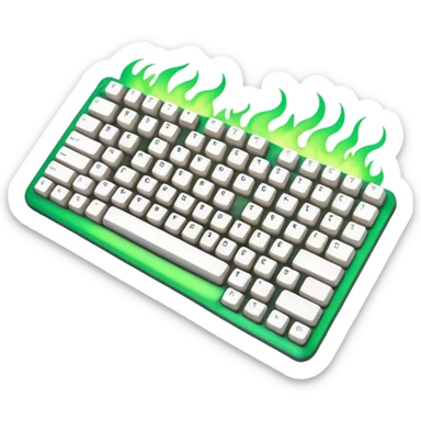 White-colored cool mechanical keyboard 65% in greenish fire flames in the background. sticker