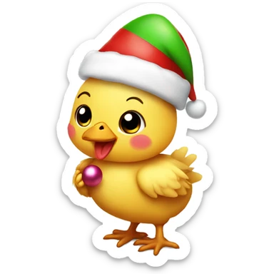 Baby chicken wearing christmas hat holding balloon sticker