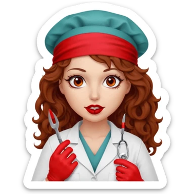 Scary woman scalpel in hand, evil surgeon sexy surgeon clothes.  She has red eyes. Her  brown long curly hair. Wears sexy doctor outfit with red gloves. Only uses red bandanna  to hide her face mouth with red bandana to hide her identity sticker