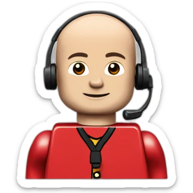LEGO customer service bald men with headset with red shirt sticker