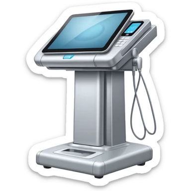 large expensive ultrasound machine that stands on the floor and is tall. sticker
