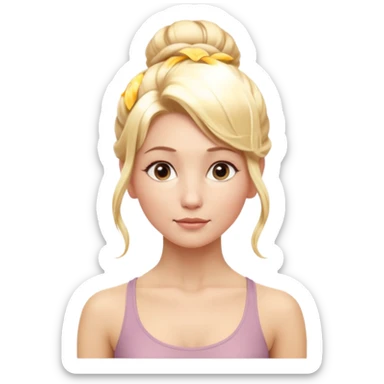 Cinematic Realistic yoga Portrait, depicted with lifelike skin texture, subtle rosy undertones, and soft natural lighting that enhances the gentle contours of her face. Her intricately detailed golden blonde hair is elegantly styled in an updo, sticker