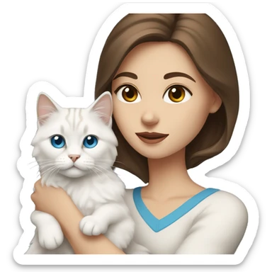 woman with brown hair and holding a all white Siberian cat with blue eyes sticker