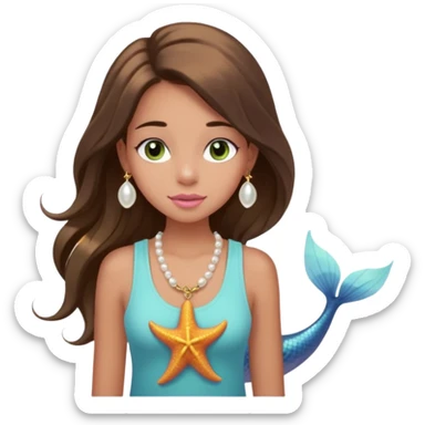 Create a teen girl wearing a light blue tank top. She will have long brunette hair, tan skin, pink lips, and grey-green eyes. She has long eyelashes. She also has light freckles and is wearing a gold charm necklace that has an n on it, a pearl, a sun, a starfish, a mermaid tail, and seashell sticker