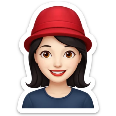 dark haired woman with red hat sticker