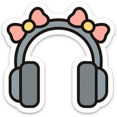 gray headphones with light pink bows on top of the headband, color outline icon style sticker